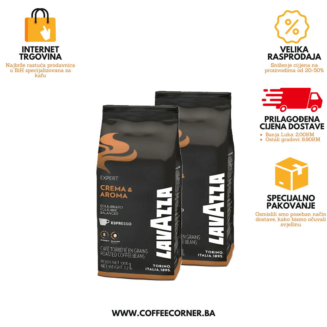 Premium Lavazza kafa u zrnu Crema Aroma, 2 x 1000 grama